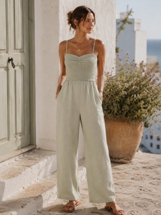Faherty Pants - Faherty Mandy Smocked Wide-Leg Jumpsuit Medium